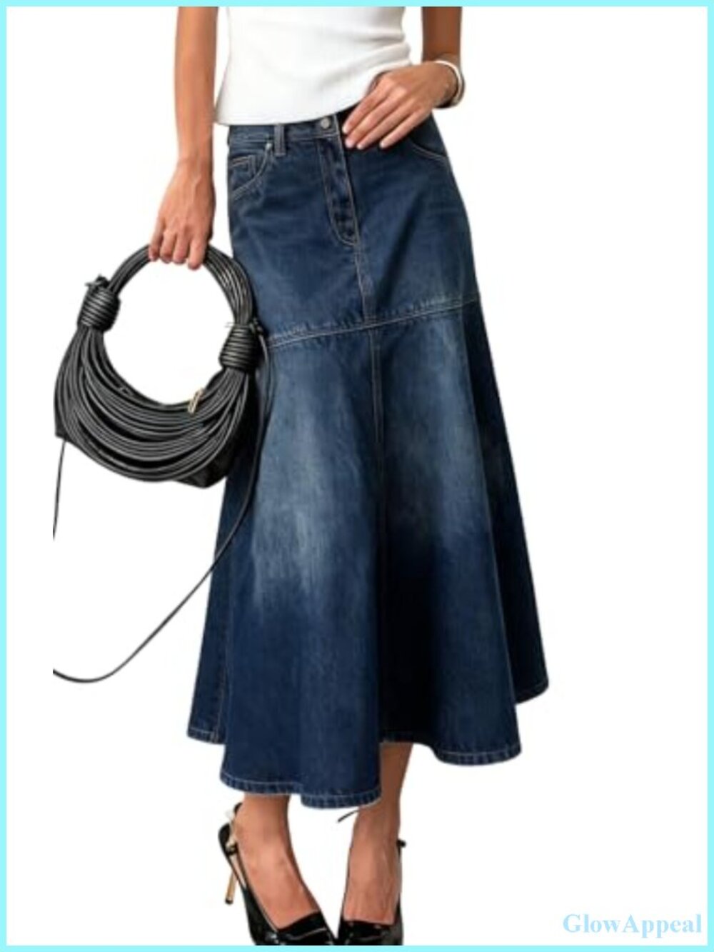 A-Line Pleated Fishtail Hem Midi Jean Skirt High Rise Distressed
